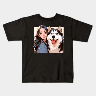 Anime girl with her husky friend Kids T-Shirt